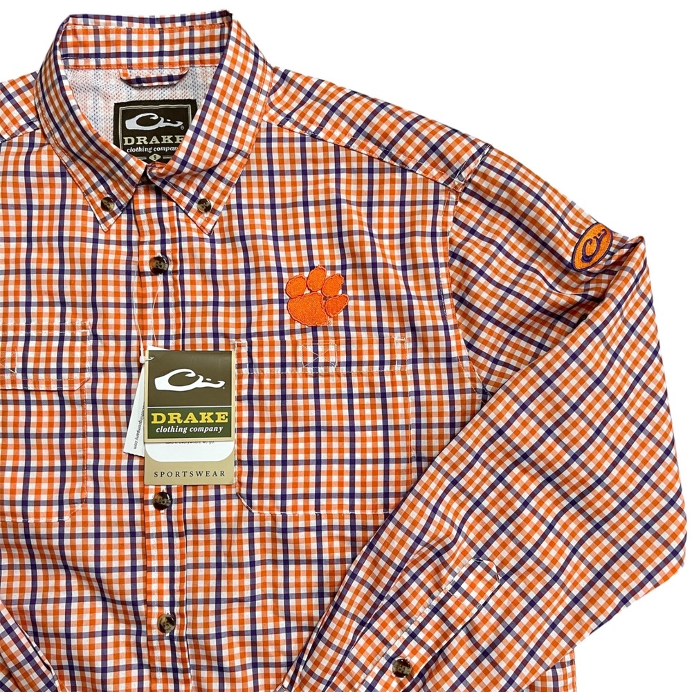 Clemson Drake Clothing Company‎ Men Orange Purple Plaid Button Up Shirt Paw Logo